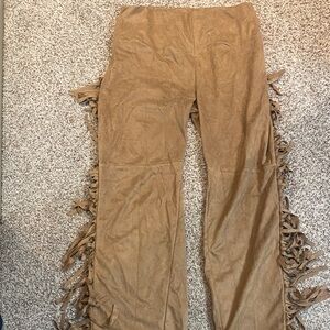 Tan Fringe Suede Pants